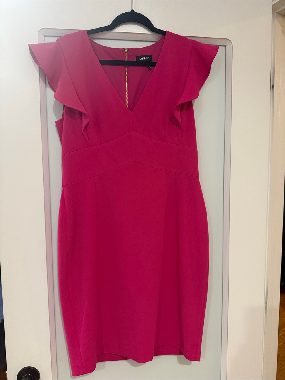 DKNY Fuchsia V-Neck Ruffle Sleeve Midi Dress Size 12